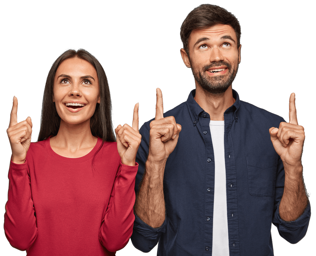 positive-young-european-brunette-cute-woman-with-tanned-skin-stand-near-her-lover-point-together-upwards